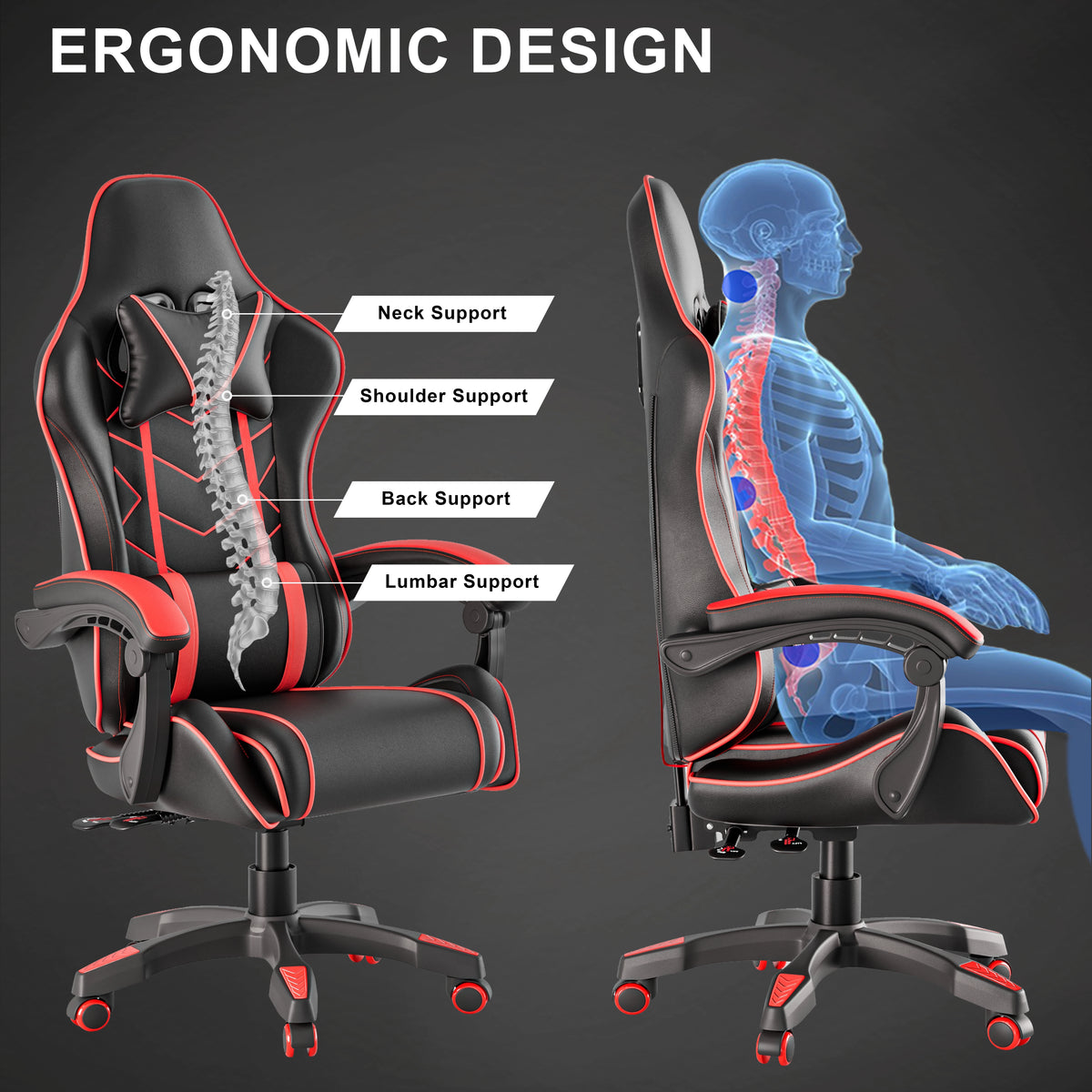 [Black + Red] Ergonomic Gaming Chair With Lumbar Support and Padded Armrest | DHS featuring neck, shoulder, back, and lumbar support for posture alignment.