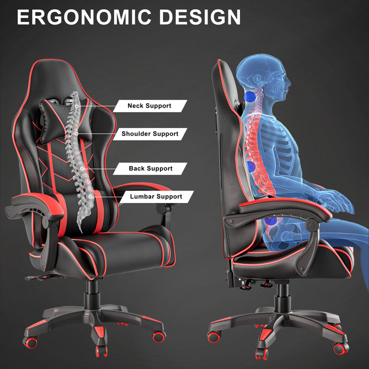 [Black + Red] Ergonomic Gaming Chair With Lumbar Support and Padded Armrest | DHS featuring neck, shoulder, back, and lumbar support for posture alignment.