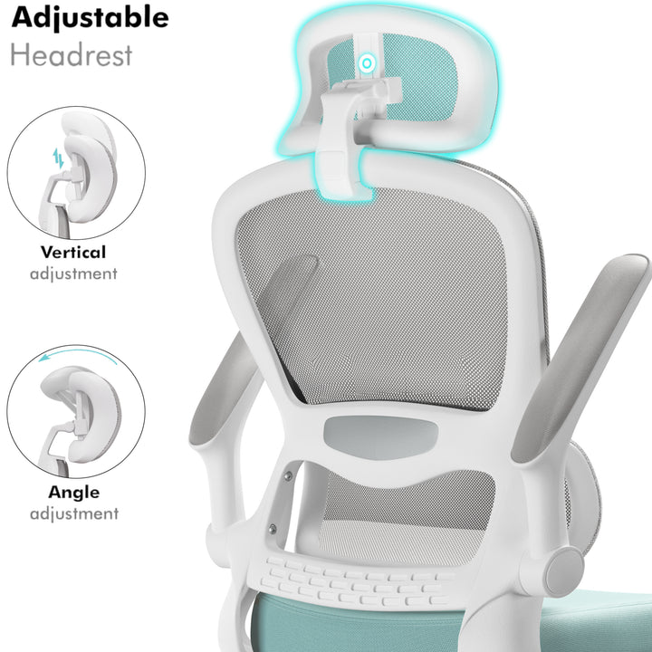 [Tiffany Blue + Grey] Adjustable headrest on teal ergonomic mesh chair. Vertical and angle adjustments enhance neck support for long sitting sessions.