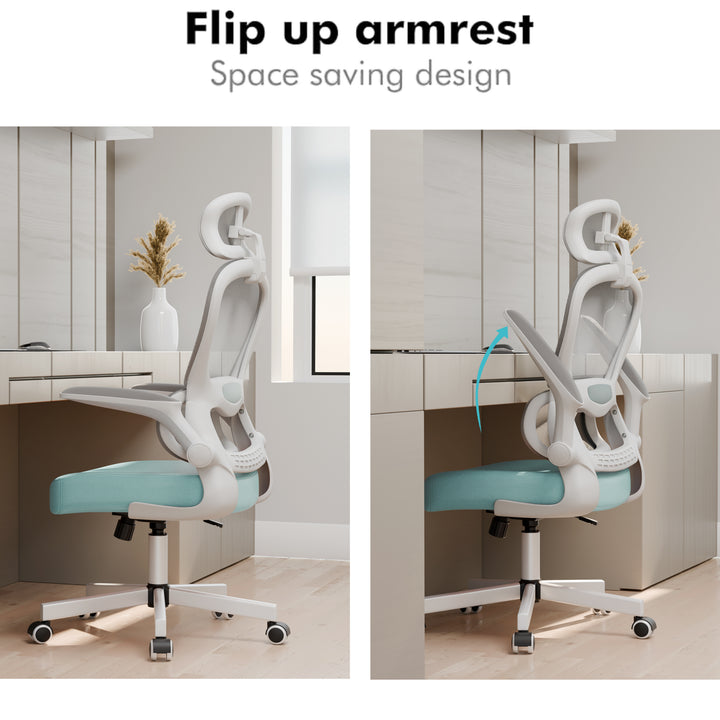 [Tiffany Blue + Grey] Flip-up armrest feature on teal ergonomic office chair. Space-saving mesh chair ideal for home office or study areas.