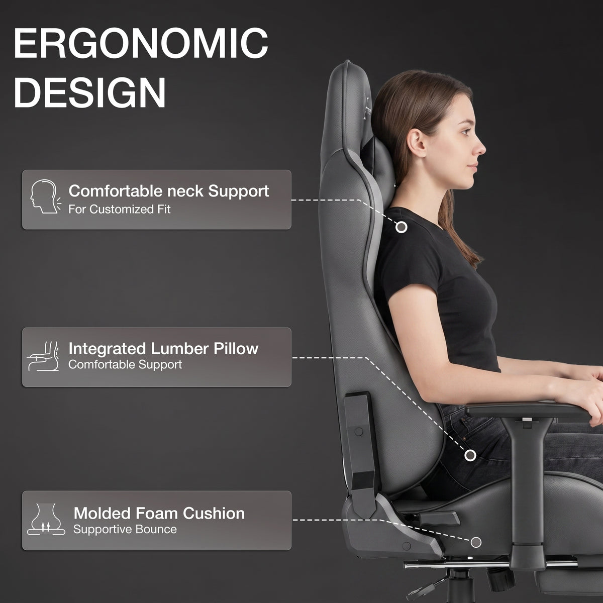 [Dark Grey + Light Grey] Graphic detailing the neck support, integrated lumbar pillow, and molded foam cushion of the gaming chair.