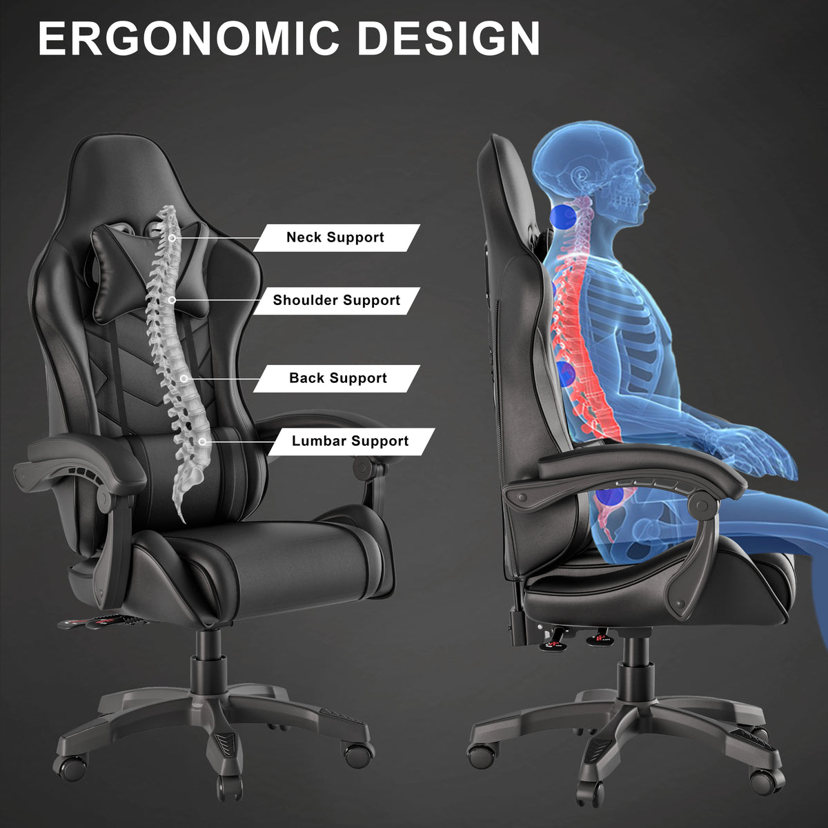 [Black] High back gaming chair with labeled support features and a skeleton illustration on a dark background.