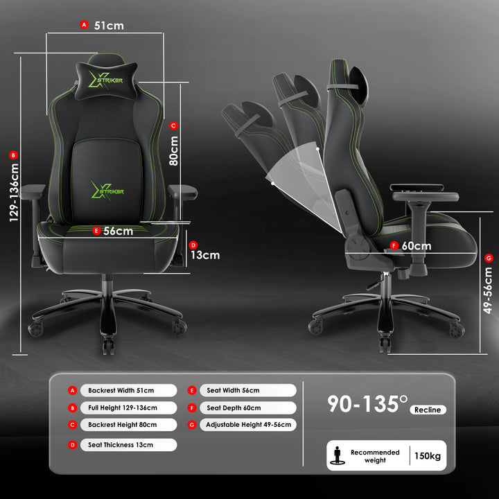 [Black] Ergonomic Gaming Chair with Headrest detailing seat width, height ranges, and backrest proportions.