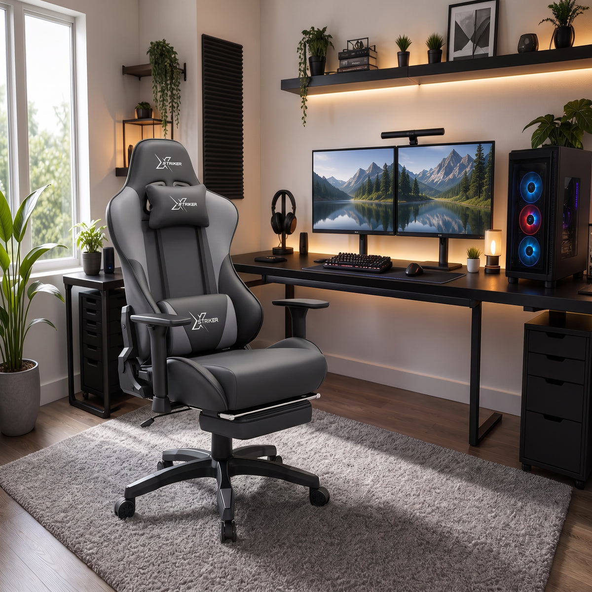 [Dark Grey + Light Grey] Ergonomic Gaming Chair with Footrest shown in a modern home office studio with dual monitors.