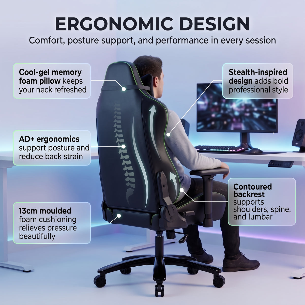[Black] Diagram highlighting ergonomic features such as the memory foam pillow, backrest support, and 13cm cushion.