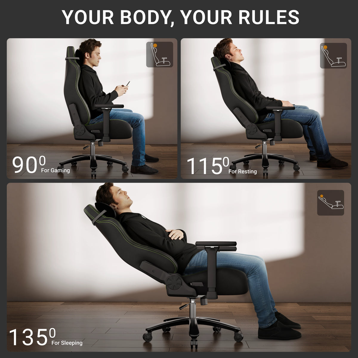 [Black] recline positions at 90 degrees for gaming, 115 degrees for resting, and 135 degrees for sleeping.