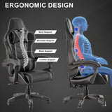 [Black + Grey] Ergonomic office chair with labeled support features and a skeleton illustration on a dark background.