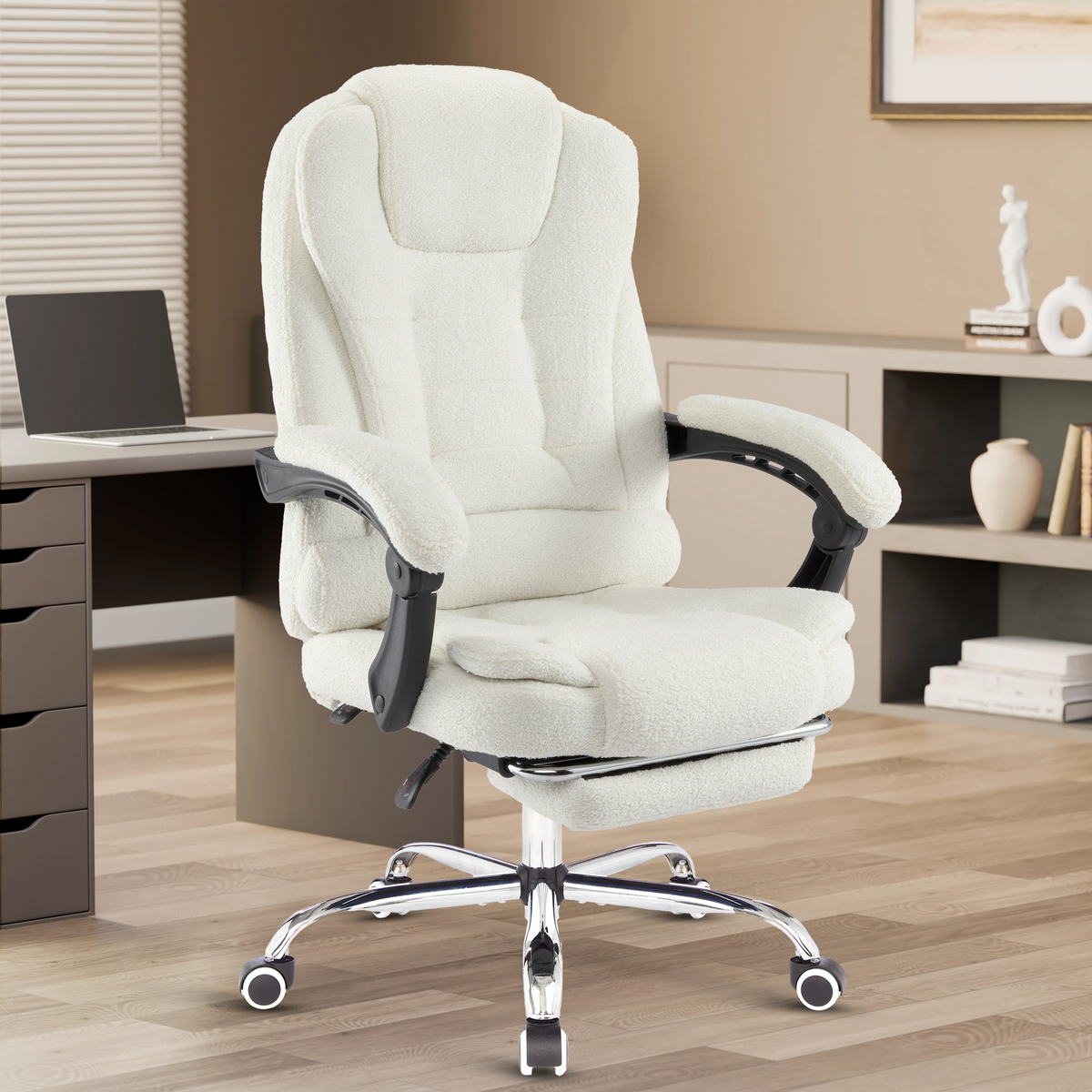 [White Fur Fabric] White fur fabric comfortable desk chair displayed front-on with ergonomic design for long hours.