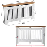 [Extra Large | White] Dimensions of large radiator cover with oak top and vertical slats, showing height, width, and depth for accurate fitting.