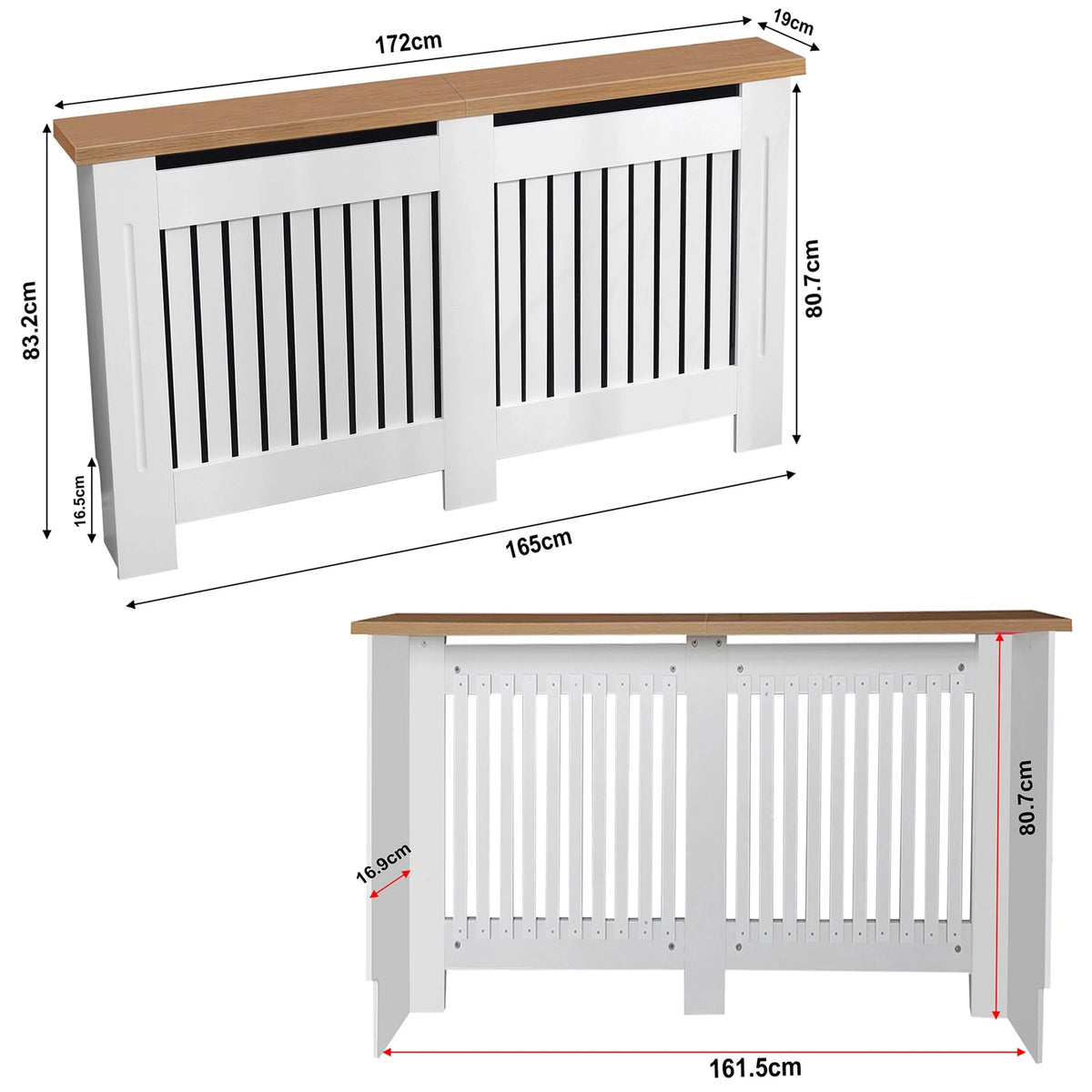 [Extra Large | White] Dimensions of large radiator cover with oak top and vertical slats, showing height, width, and depth for accurate fitting.