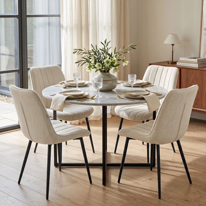 [Beige | Set of 2] Four fabric dining chairs around a round table in a bright dining room