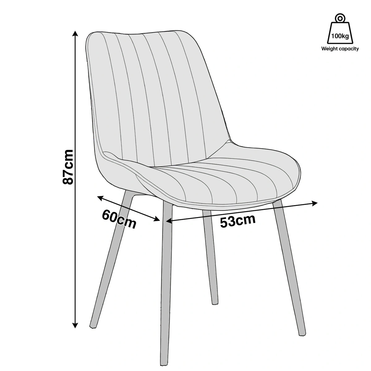 [Beige | Set of 2] Fabric dining chairs size graphic: 53W x 60D x 87H cm, 100kg weight capacity