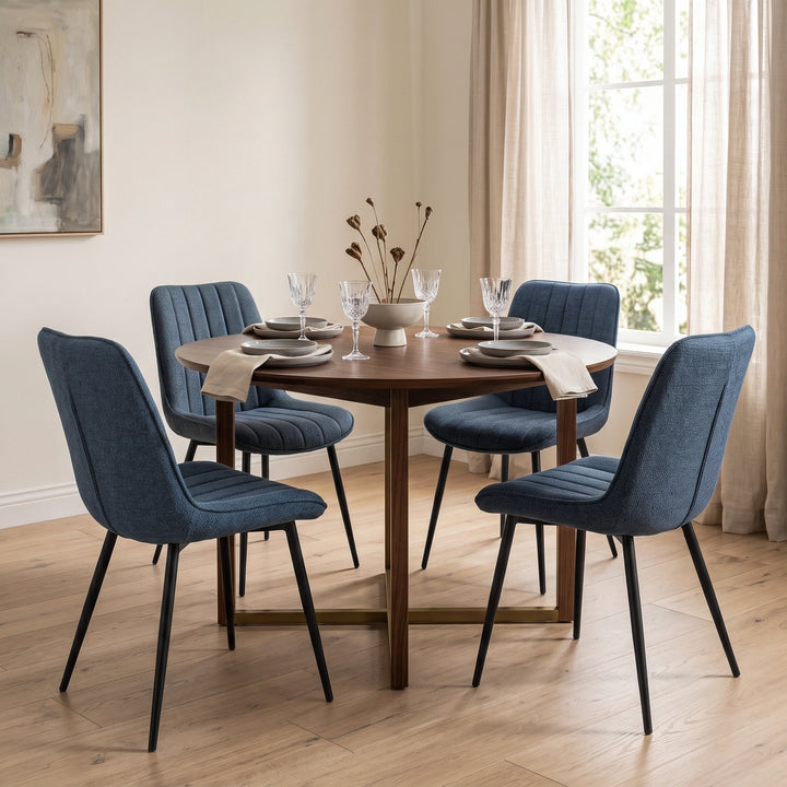 [Blue | Set of 2] Four fabric dining chairs around a round table in a bright dining room