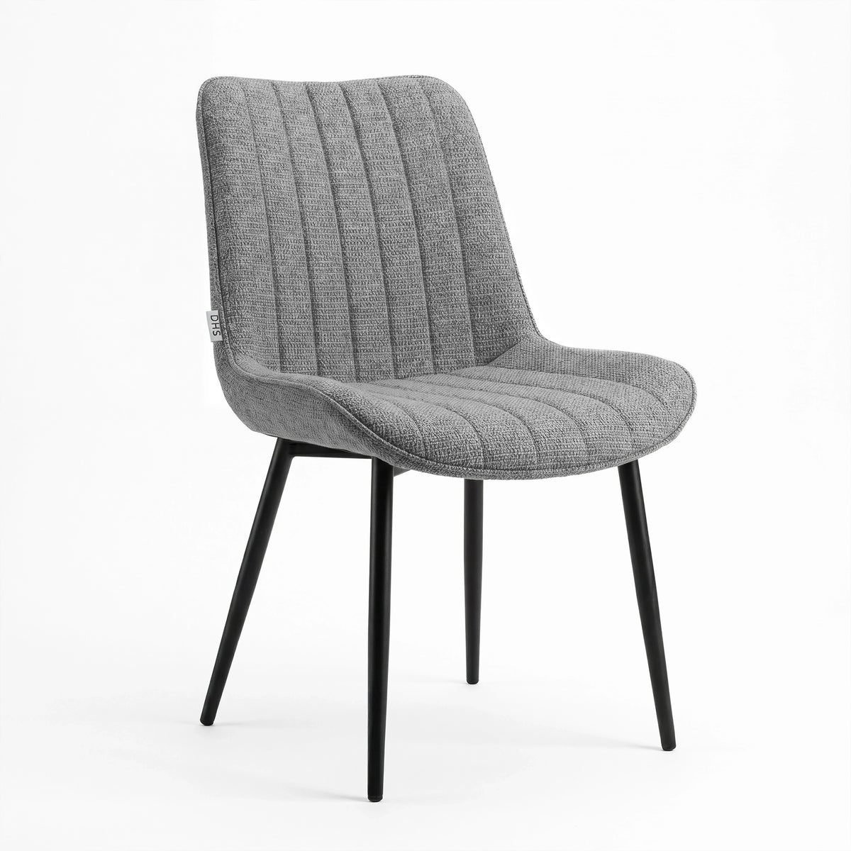 [Grey | Set of 2] Angled view of fabric dining chair with curved back, padded seat and black metal legs