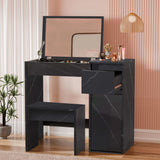 [Black Marble] angled black marble desk with mirror up over compartment tray of perfumes against panelled wall