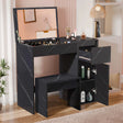 [Black Marble] black marble dressing table with flip-up mirror raised and side drawer pulled fully open