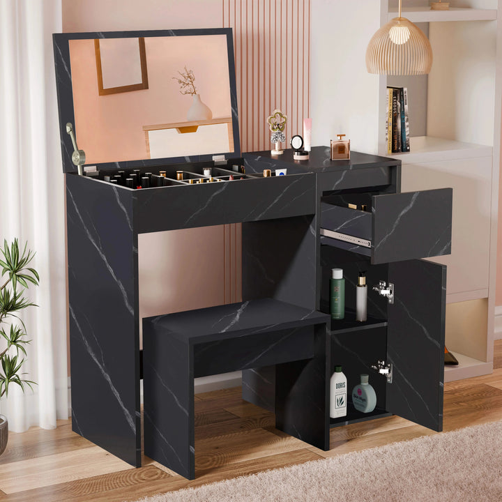 [Black Marble] black marble dressing table with flip-up mirror raised and side drawer pulled fully open