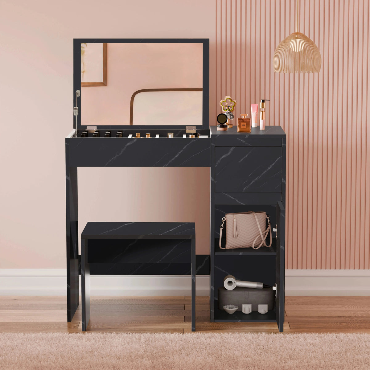[Black Marble] front facing black marble vanity with stool, lifted mirror, and accessories on open right shelves