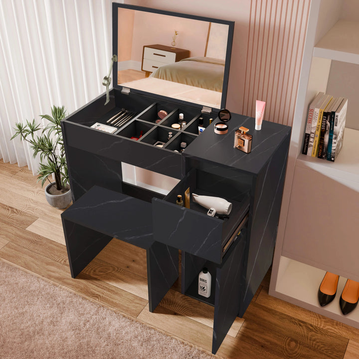 [Black Marble] black marble dressing table from above with side drawer pulled open and hairdryer inside