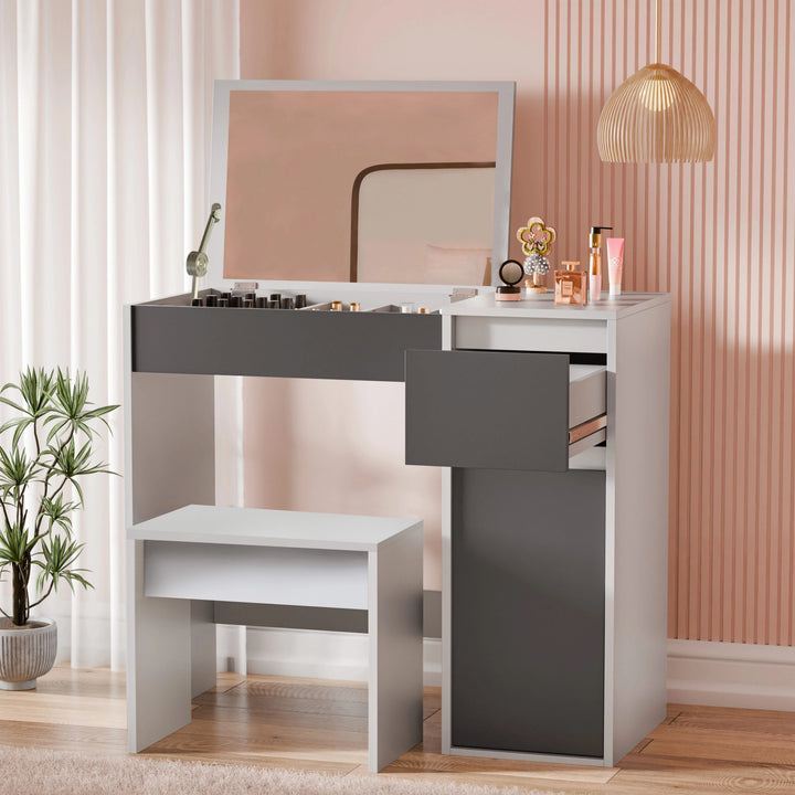 [Grey] grey and white dressing table with grey mirror frame, white drawer front, and white-topped stool