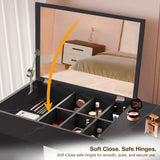 [Black] Soft-close hinge demonstration, lid lifted revealing organised cosmetic sections inside