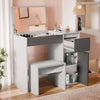 [Grey] Flip-up mirror dressing table in pink room, stool tucked under desk, side door open