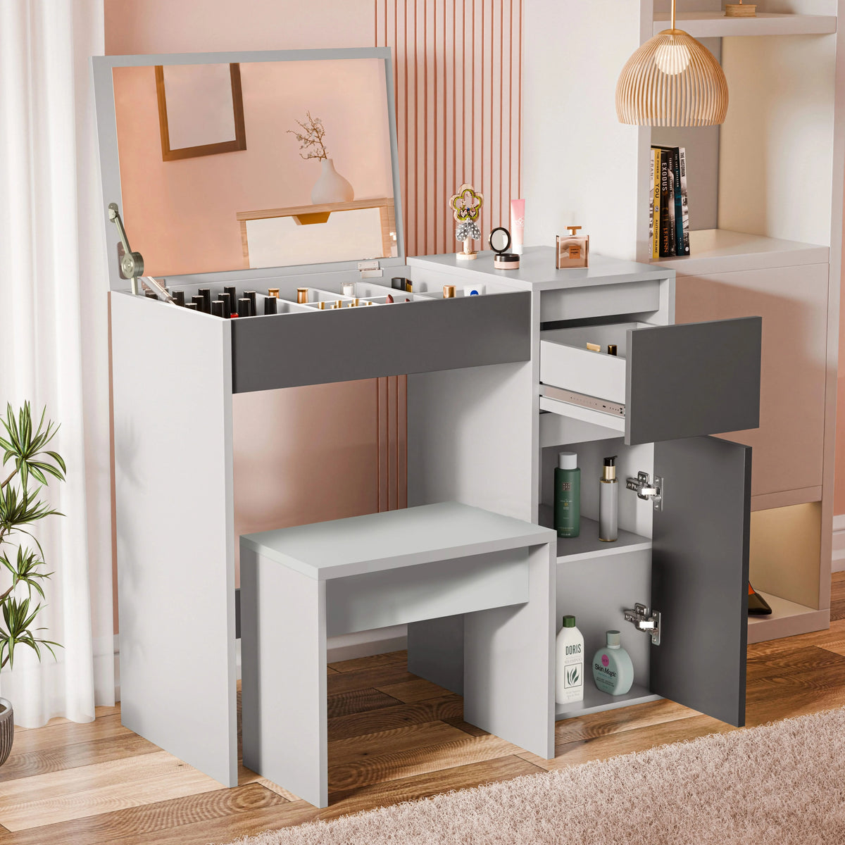 [Grey] Flip-up mirror dressing table in pink room, stool tucked under desk, side door open