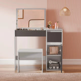 [Grey] Front-on dressing table, square mirror raised, stool centred, shelves with handbag and shoe