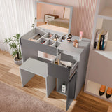 [Grey] Overhead dressing table view, lifted lid showing divided compartments, right drawer pulled open