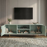 [Sage Green] Storage detail of sage green Flutrina TV unit, both fluted doors swung open, brass legs on grey rug below.