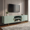 [Sage Green] Sage green 180cm TV unit with fluted side doors and central open shelf, TV mounted on panelled wall above.