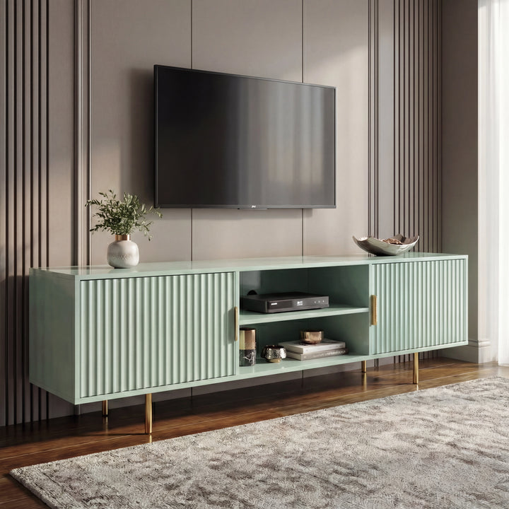[Sage Green] Sage green 180cm TV unit with fluted side doors and central open shelf, TV mounted on panelled wall above.