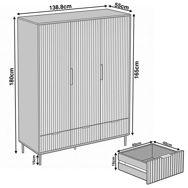 [Grey] Flutrina 3 door wardrobe grey dimensions diagram 138.8 cm wide 55 cm deep 180 cm tall, drawer 40 x 40 x 16