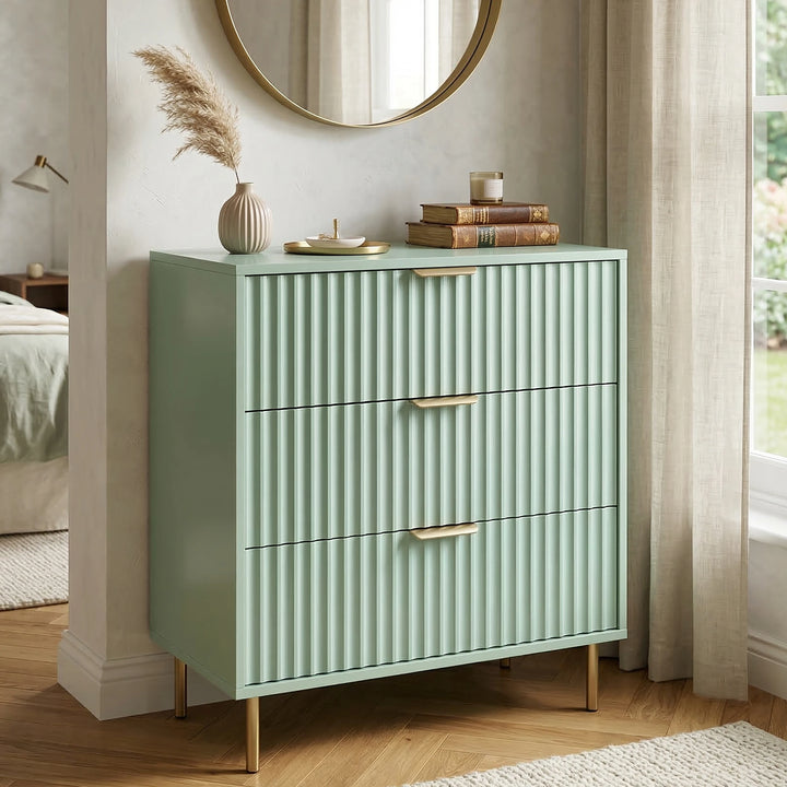 [Sage Green] Flutrina 3 drawer chest with a round wall mirror above and gold handles on each drawer