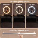 [Black] Dressing table LED mirror showing 3 colour lighting modes and a touch slider for adjustable brightness control