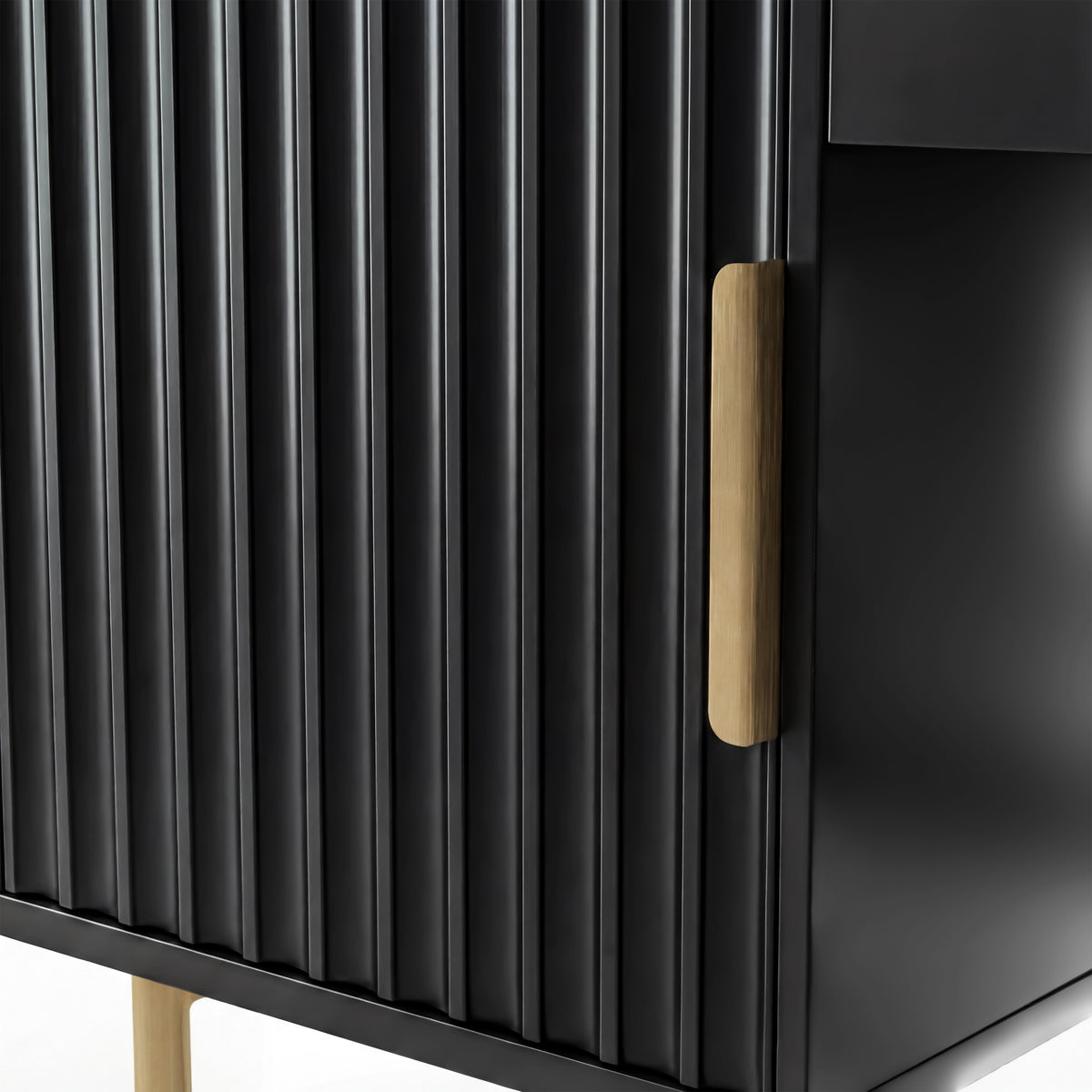 [Black] macro of the ribbed flutrina door panel in black with a gold handle and gold tube leg visible