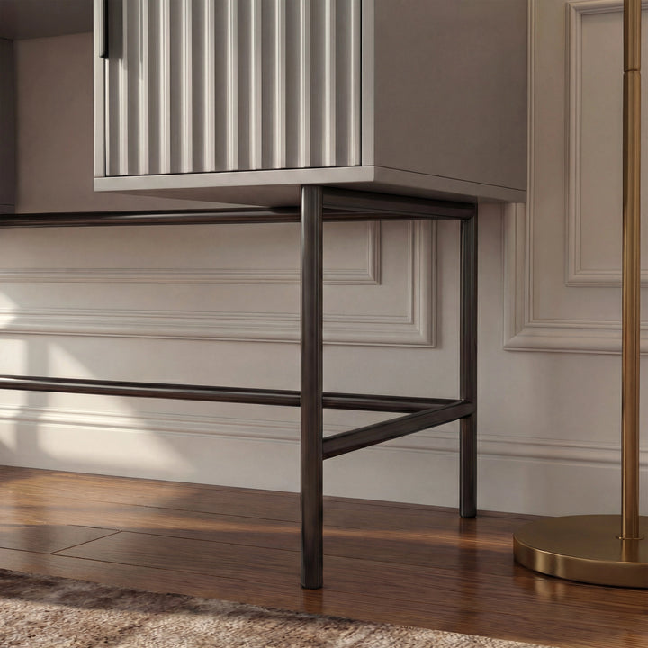 [Grey] grey dressing table base shot showing dark square legs and stretcher on wooden flooring