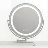 [White] close-up of the round LED mirror with three touch keys on the lower bezel and a silver swivel arm