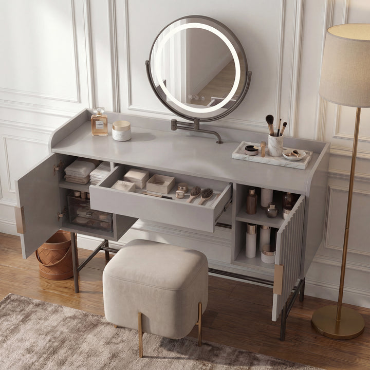 [Grey] top-down view of the grey flutrina vanity with centre drawer pulled open and both side cabinets open