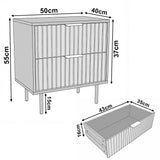 [Grey] Flutrina bedside table dimension diagram showing 50 cm width, 40 cm depth, 55 cm height, with the drawer details