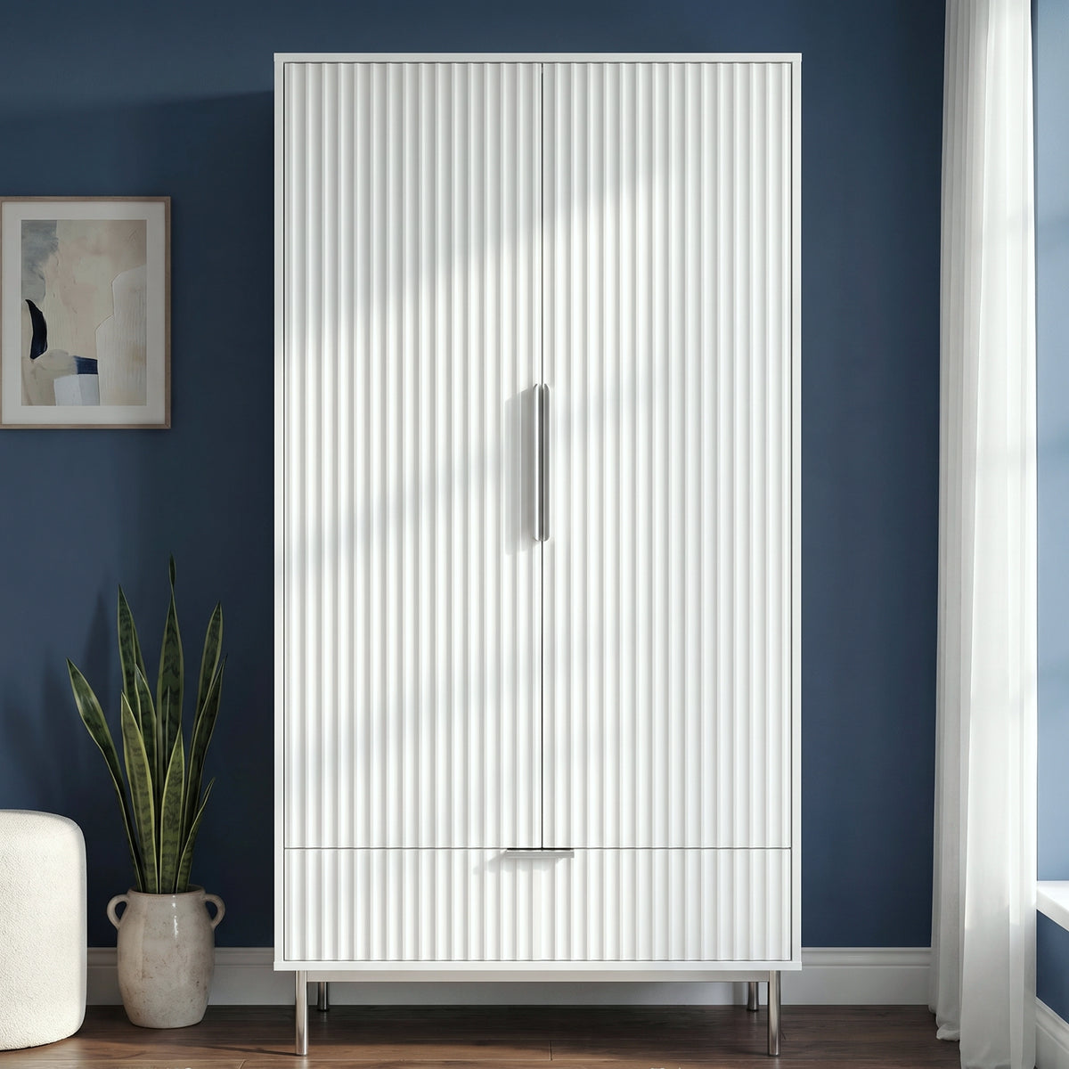 [White] Flutrina 2-door fluted wardrobe in a bedroom lifestyle setting showing full height and door detail