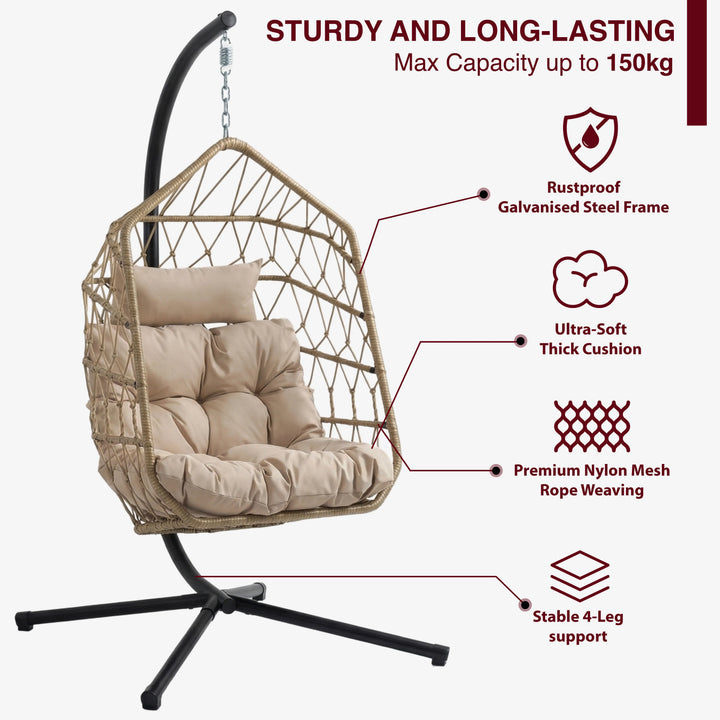 [Natural] Natural egg chair feature panel with 150kg load, galvanised steel frame and 4-leg support callouts