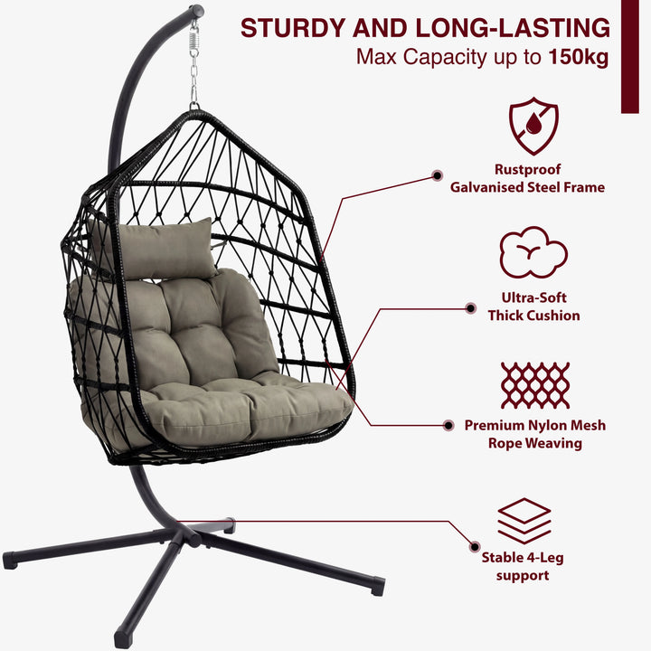 [Black] Feature diagram of black hanging egg chair with sturdy long-lasting 150kg capacity headline text