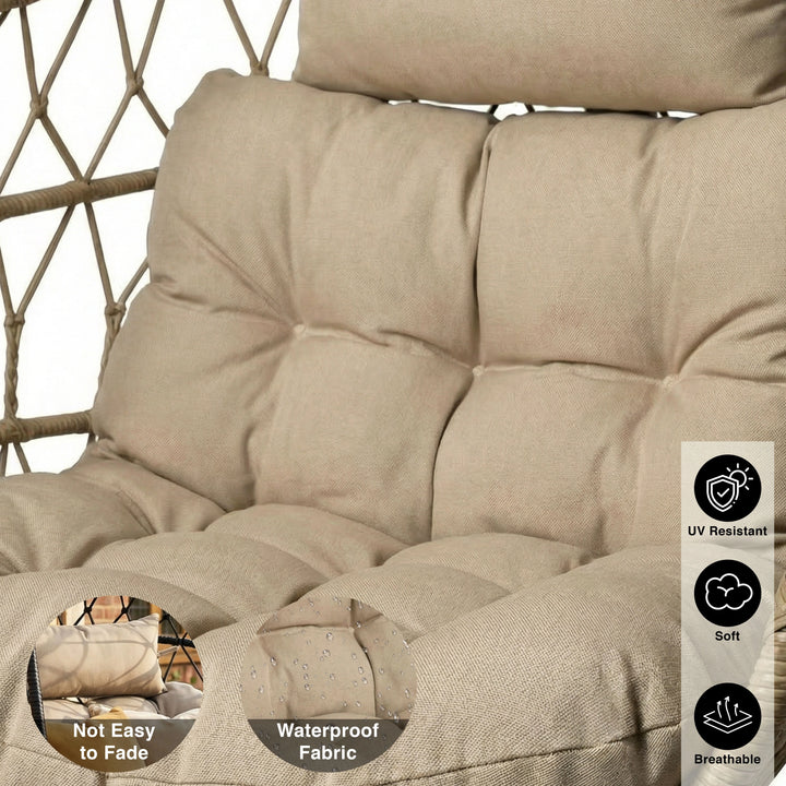 [Natural] Tufted beige cushion texture inside natural rattan egg chair frame with performance icons listed