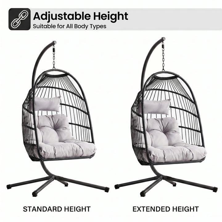 [Black] adjustable hanging egg chair with cushioned seat and height extension for indoor or outdoor relaxation