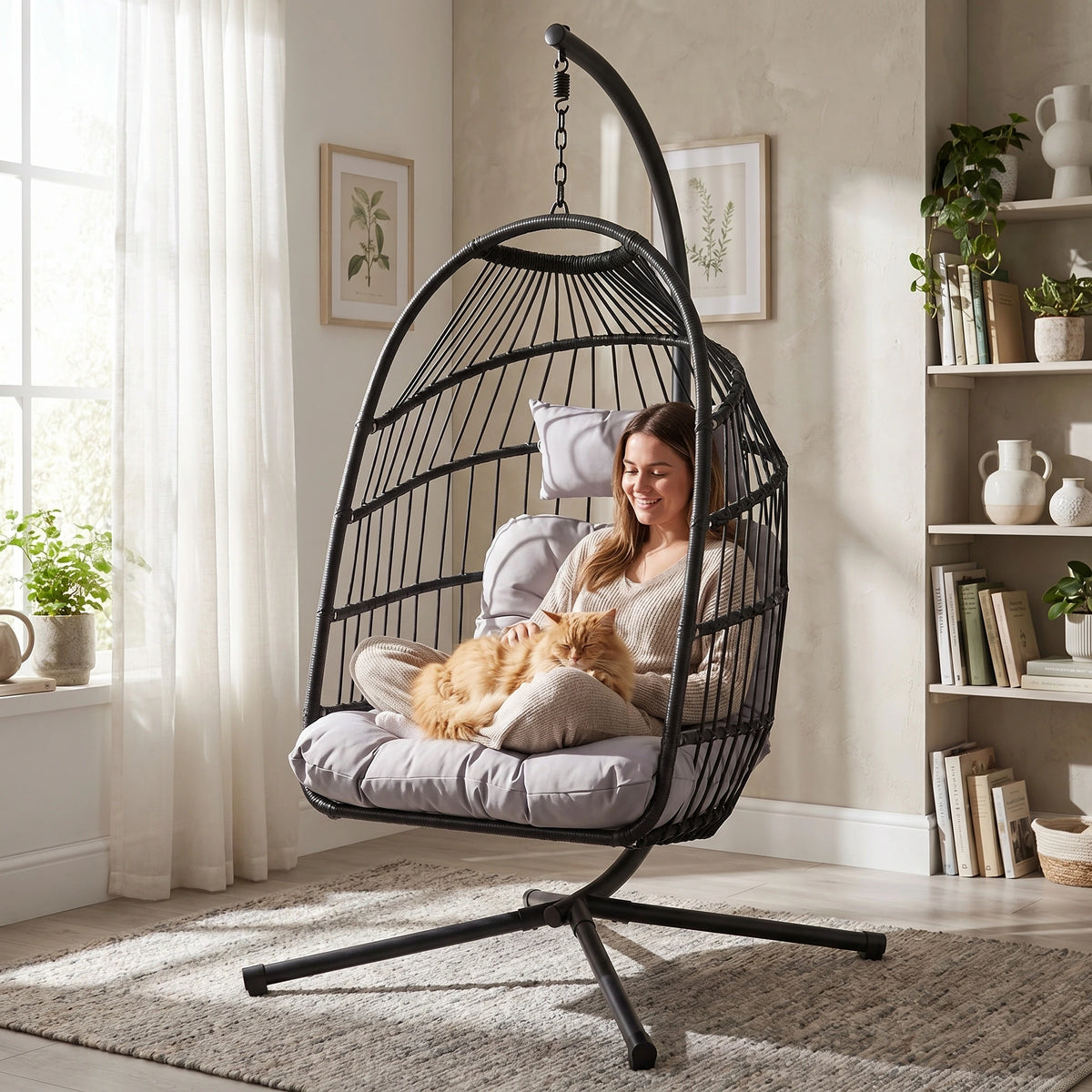 [Black] Woman sitting in a black hanging chair with a cat, in a cozy room with books and plants