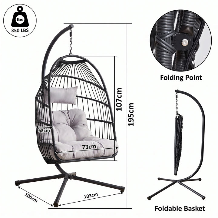 [Black] Dimensions diagram for black garden egg chair: 73cm seat, 107cm chair, 195cm stand, 100x103cm base