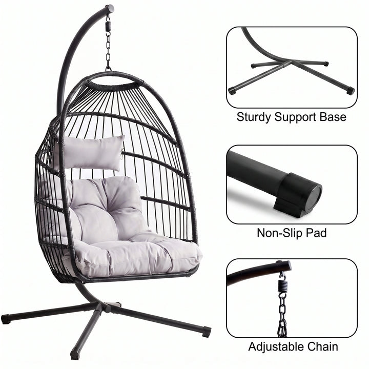 [Black] Black garden egg chair with cushion alongside support base, non-slip pad and chain detail