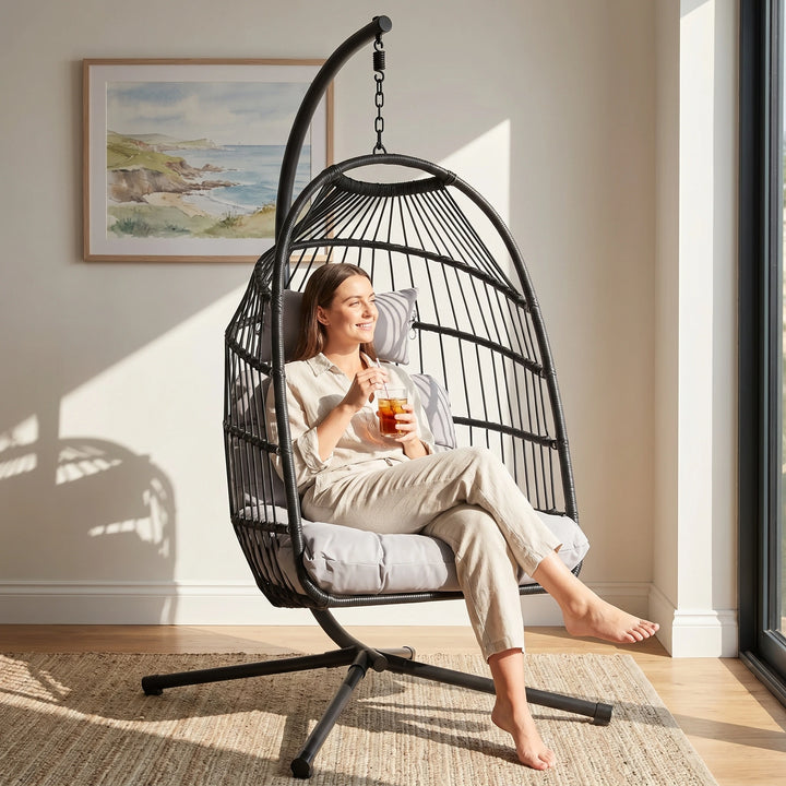 [Black] Black rattan garden egg chair with cushion in living space with a person relaxing on it