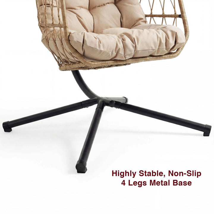 [Natural] Base detail of natural egg chair 4-leg black cross stand with non-slip feet under beige cushion